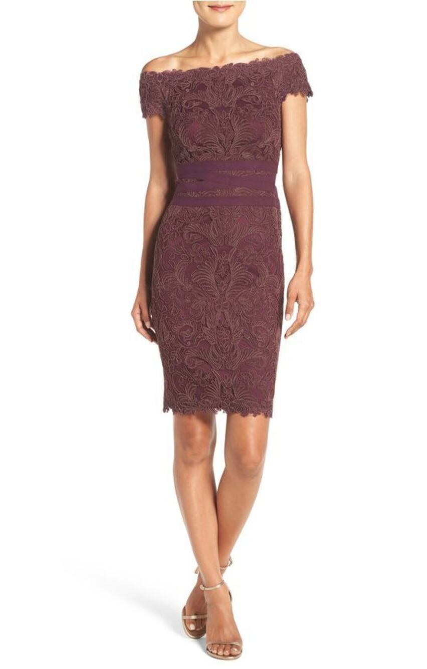 Tadashi Shoji Lace Sheath Dress Womens 10P Wine Off The Shoulder Embroidered